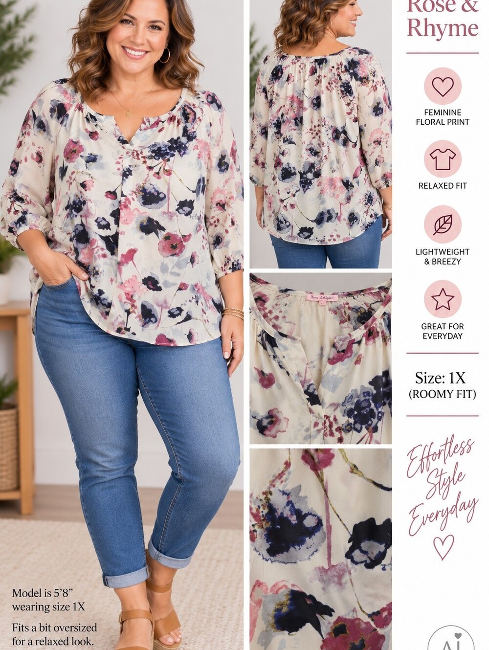 Rose & Rhyme Blouse w/Shades of Blue and Burgundy Flowers